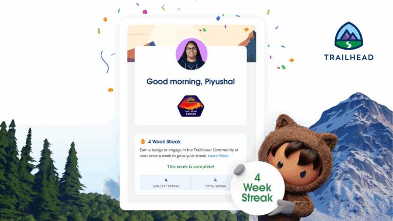 New Trailhead Enhancements Empower Everyone to Succeed in the AI Era Image of Trailhead Platform Today Page with the new Streaks feature on it. Astro is in the corner holding a sign that says 4 week streak