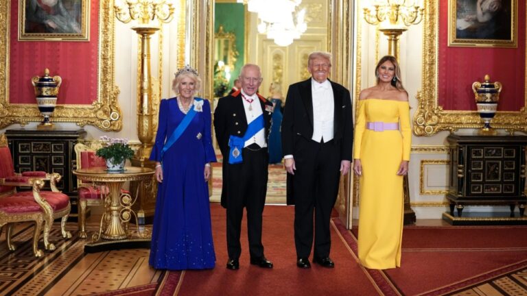 Queen Camilla Dons Sapphire Tiara at State Banquet With Trump & Melania Queen Camilla wears a Fiona Clare gown with Queen Elizabeth II's sapphire and diamond tiara for the State Banquet hosted by King Charles III and members of the Royal Family at Windsor Castle during the state visit by the President of the United States of America on Sept. 17, 2025 in Windsor, England.