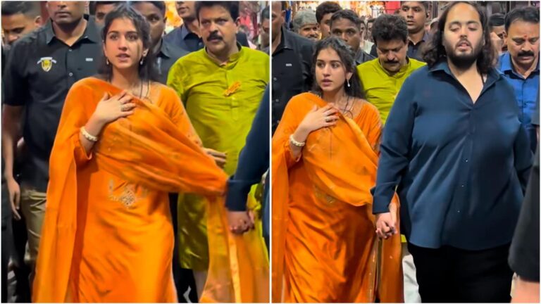 Radhika Merchant in simple orange suit seeks blessings of Lalbaugcha Raja in Mumbai with Anant Ambani. Watch