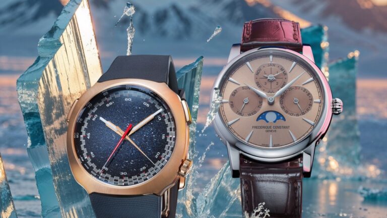 Swiss Watch Exports Slump Globally in August From left: H. Moser & Cie. Streamliner chronograph featuring a red gold case, textured blue dial and textile strap. Frederique Constant Classic Perpetual Calendar Manufacture watch, FC-776 in-house caliber, automatic, perpetual calendar with perlage and circular Côtes de Genève decorations in a stainless steel case with a salmon sunray dial.