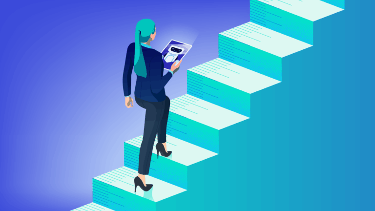 Tools To Assess Your Agent’s Work A woman in business attire walks up a staircase whose surface resembles a ruler: AI agent evaluation