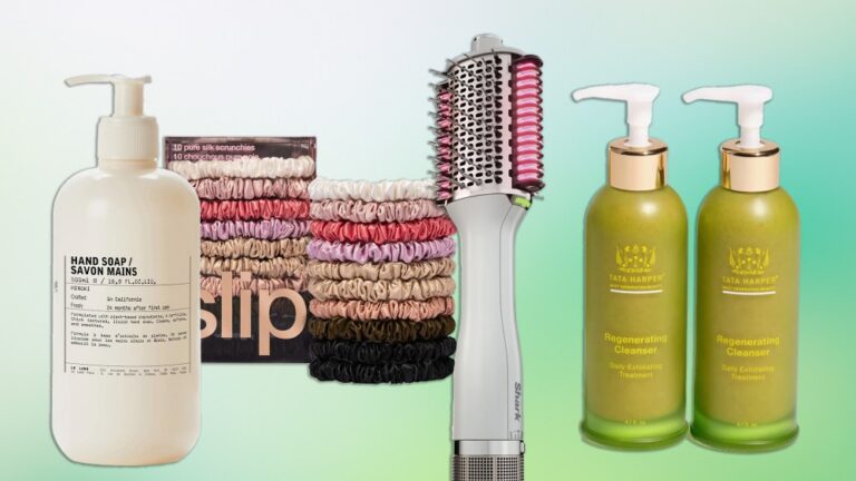 assortment of beauty products found at nordstrom, over a gradient green background