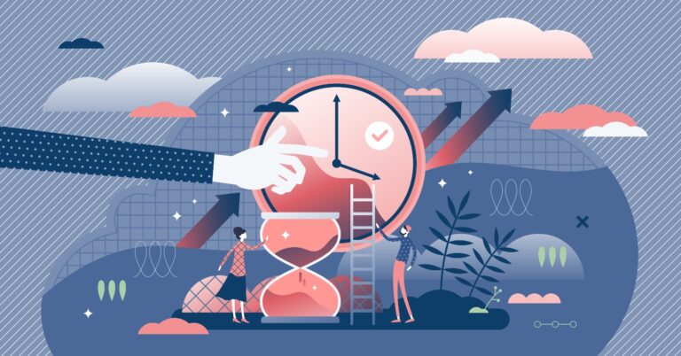 Top Project Management Mistakes to Avoid Illustration showcasing a small business team navigating project management on an oversized computer in a cartoon style.