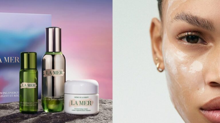 Up to 40% Off Viral Makeup, Skin Care three la mer skin care products over a pink and blue gradient background; woman's face covered in some kind of cleanser, as she stares directly into the camera
