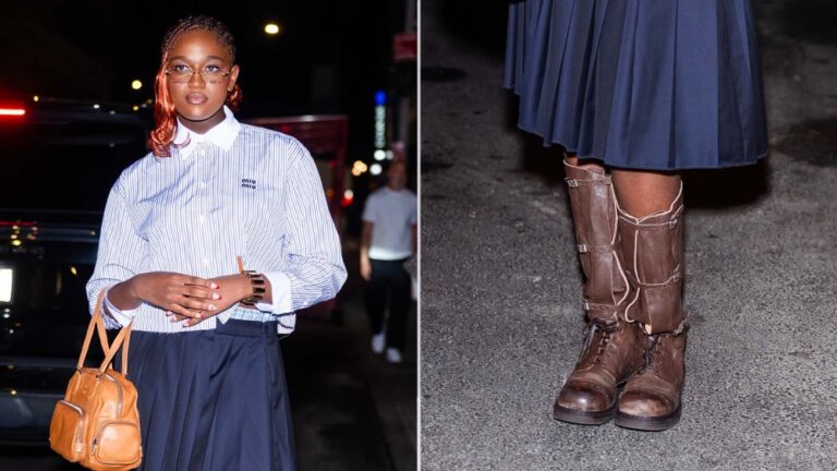 Zaya Wade wearing Miu Miu's $2,600 brown leather boots to the Miutine launch party in New York City Friday evening.