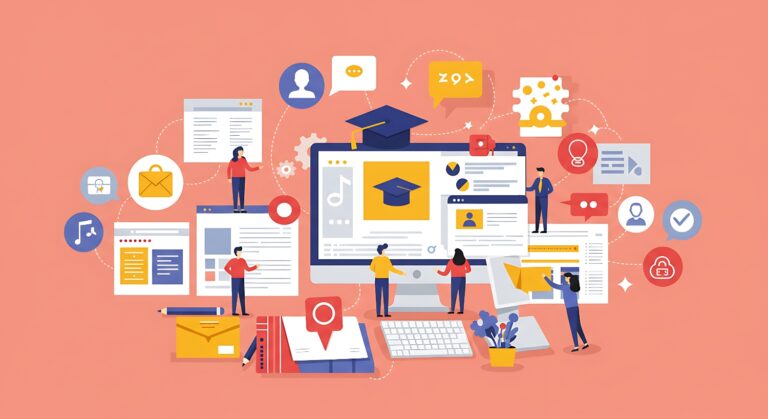 30 Free Resources For Small Businesses and Startups Illustration showing a business team learning from free resources online, represented by icons.
