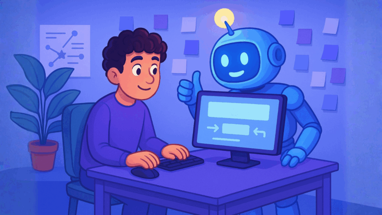 6 UX Design Tips to Make AI Trustworthy and Easier to Use Illustration of a young man at a desk working on computer, with a happy robot standing behind the monitor. Represents user-AI collaboration.