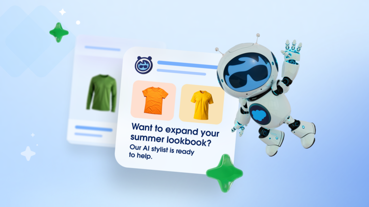 Agentforce Commerce Announcements Image of an AI shopping agent assisting a customer with product recommendations