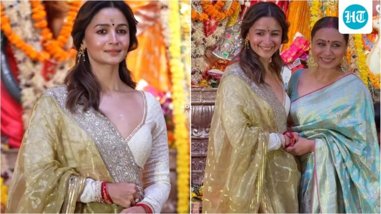 Alia Bhatt shines in glittering olive saree at Mumbai’s Durga pandal, strikes stunning poses with Rani Mukerji. Watch Alia Bhatt shines in glittering olive saree at Mumbai’s Durga pandal, strikes stunning poses with Rani Mukerji. Watch