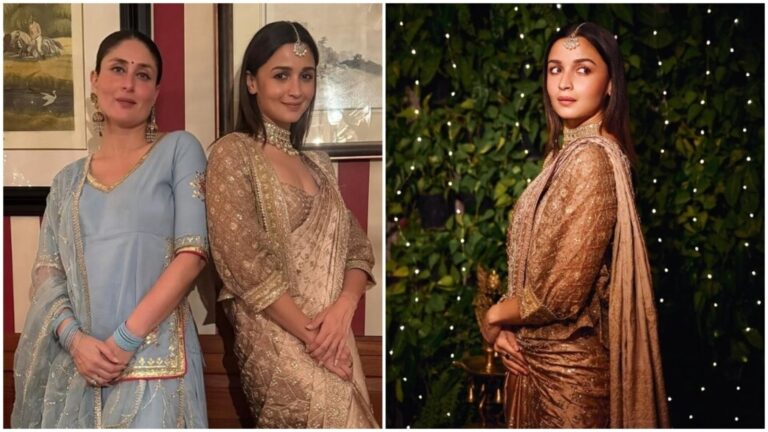 Alia Bhatt wore dazzling golden saree created over 30 years ago for Kareena Kapoor and family's Diwali bash. Pics