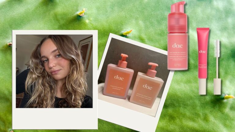 Before-and-After Photos, Shop Best Products author posing for a selfie with her curly hair down; photos and professional stills of dae hair products over cactus background