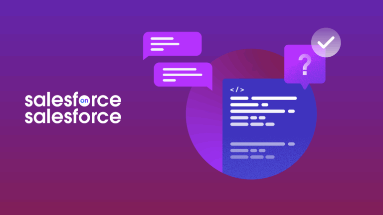 Behind The Scenes: Building Agentforce for Salesforce Illustration of code on top of a purple and magenta gradient background, with Salesforce on Salesforce logo