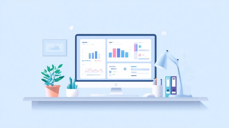 Illustration of a dashboard computer using task management tools on a desk with plant and lamp.