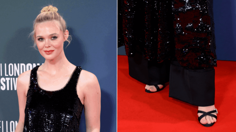 Elle Fanning wears Manolo Blahnik Ramisli Crystal-Embellished Sandals at BFI London Film Festival on Sunday evening.