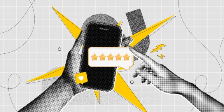 Get Reviews for Your Small Business or Startup Pop art representation of a five star review on a cell phone with two hands, and a like emoji icon.