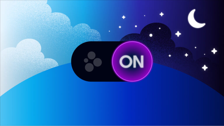 How to Activate Dark Mode Illustration of an icon button of the dark mode feature sliding on against a night sky background with blue and purple.