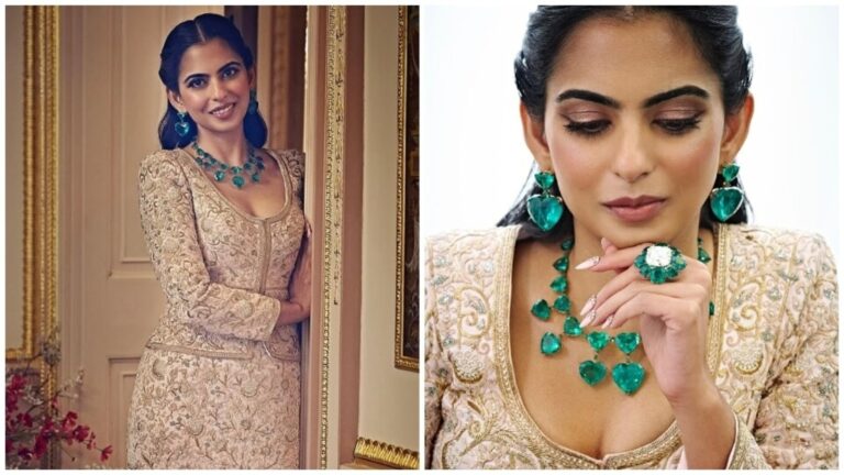 Isha Ambani pairs her one-of-a-kind Pink Ball outfit with massive emerald jewels from Nita Ambani’s collection. Details Isha Ambani pairs her one-of-a-kind Pink Ball outfit with massive emerald jewels from Nita Ambani's collection. Details