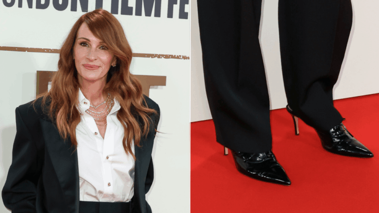 Julia Roberts Keeps the Patent Lace-Up Pump Trend Going Strong Julia Roberts wearing menswear-inspired patent lace-up pumps at the BFI London Film Festival on Saturday.