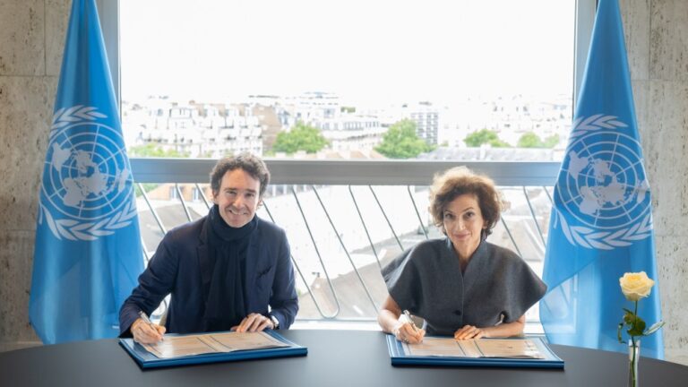 LVMH director of image and environment Antoine Arnault and UNESCO director general Audrey Azoulay.
