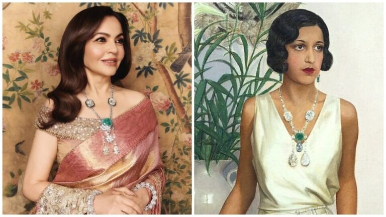 Nita Ambani’s sautoir was inspired by Maharani of Indore’s necklace, made with emerald and diamonds from her collection Nita Ambani's sautoir was inspired by Maharani of Indore's necklace, made with emerald and diamonds from her collection
