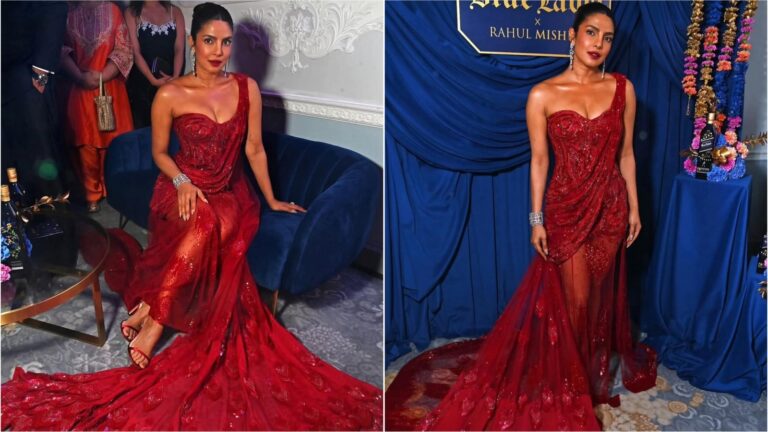 Priyanka Chopra ditches traditional saree and lehenga for showstopping red train gown at Diwali ball. See pics Priyanka Chopra ditches traditional saree and lehenga for showstopping red train gown at Diwali ball. See pics