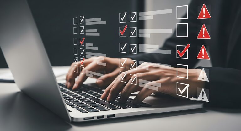 Scale Test Best Practices for Enterprise QA Leaders Person typing on laptop overlay with checklist with error symbols. Conveys concept of scale testing.
