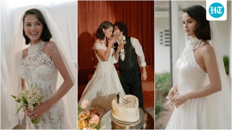 Selena Gomez shares 14 unseen photos of her 3 stunning white wedding dresses including sheer lace bridal gown with veil Selena Gomez shares 14 unseen photos of her 3 stunning white wedding dresses including sheer lace bridal gown with veil