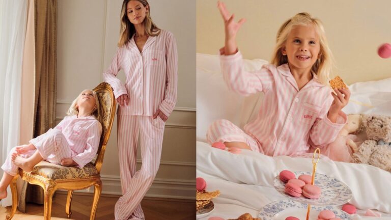 Top Styles for Kids and Adults woman and girl wearing matching striped pajamas; girl sitting in bed while eating sweet treats and wearing said pajamas