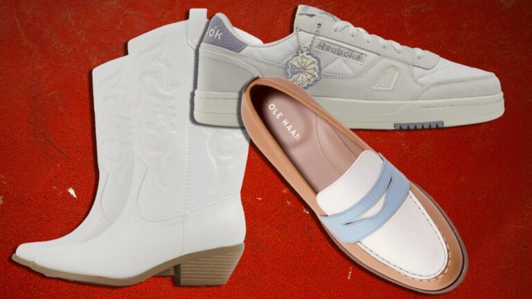 Up to 80% Off Shoes, Sneakers assortment of footwear like sneakers, loafers, and boots over a dark red background
