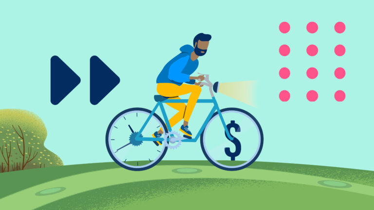 What Is Customer Lifetime Value (CLV) and How to Calculate? Customer Lifetime Value: A man rides a bicycle with a clock on one wheel and a dollar sign on the other.