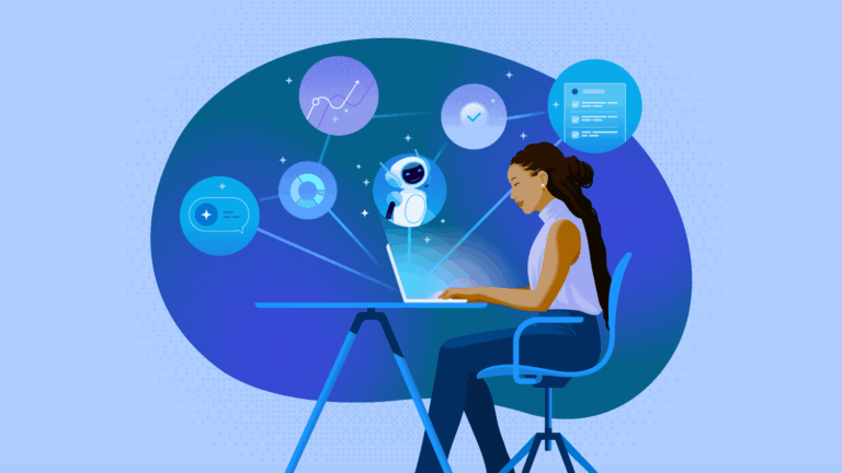 Why CRM Is the Trusted Foundation of the Agentic Enterprise An illustration of a woman working at a laptop with icons suggesting agentic AI surrounding her