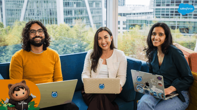 Why Salesforce is One of America’s Best Employers for Engineers three employees sit in a modern office setting and pose with their computers