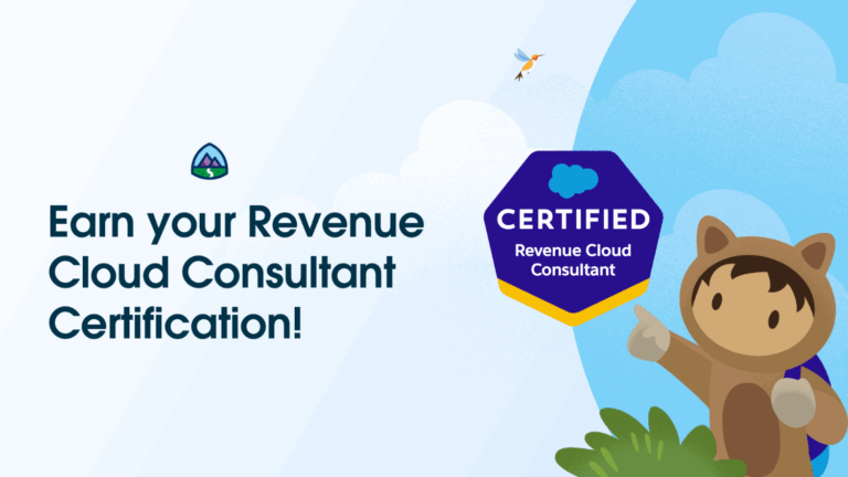 Illustration promoting the Salesforce Certified Revenue Cloud Consultant Certification with a badge and cheerful character pointing. Sky background with a bird and clouds.