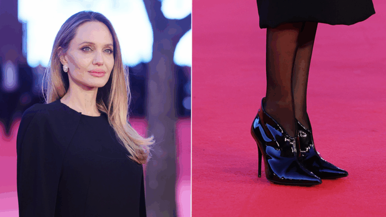 ngelina Jolie Adds Patent Bootie Drama to the ‘Couture’ Premiere Angelina Jolie wears V-cut patent leather booties at the Rome premiere. of"Couture" on Saturday.