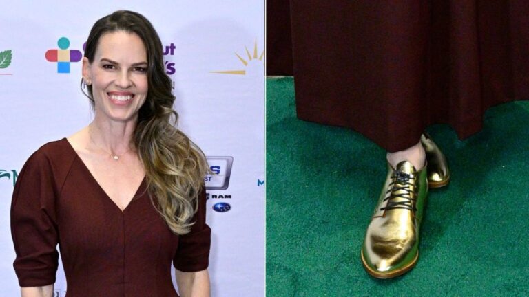 Hilary Swank Adds Metallic Oxford Shoes to Fall Menswear Trend Hilary Swank wearing metallic gold oxfords, joining other celebrities like Amanda Seyfried, Julia Roberts and Katie Holmes in the menswear-inspired shoe trend.