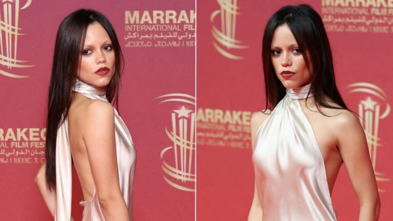 Jenna Ortega wears a liquid look halter gown at the second day of the Marrakech Film Festival on Saturday. Jenna Ortega style, red carpet, celebrity style, Jenna Ortega outfits