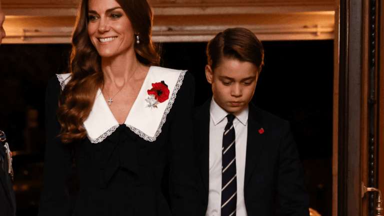 Kate Middleton Refines Royal Black-and-White Style in Alessandra Rich Kate Middleton in an Alessandra Rich peplum dress alongside her son Prince George on Saturday in London during the 2025 Festival of Remembrance.
