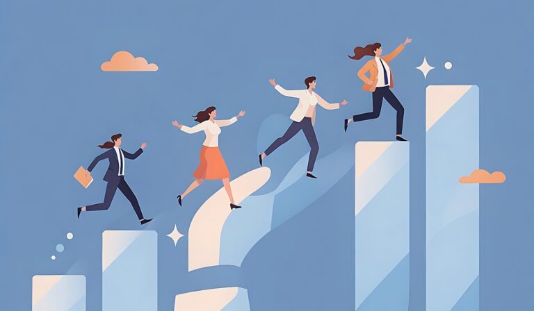 Illustration of a small business team on a chart going upward with the help of a “hand” representing leadership coaching.