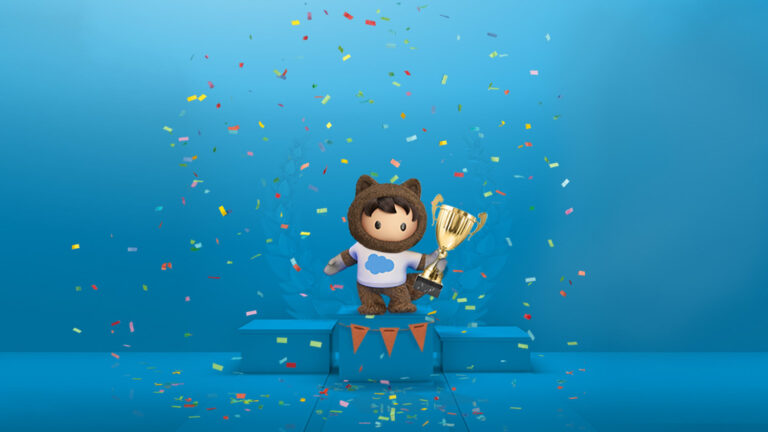 Let’s Celebrate the 2025 Marketing Champions Salesforce character Astro stands atop a podium, holding a trophy and celebrating the Marketing Champions