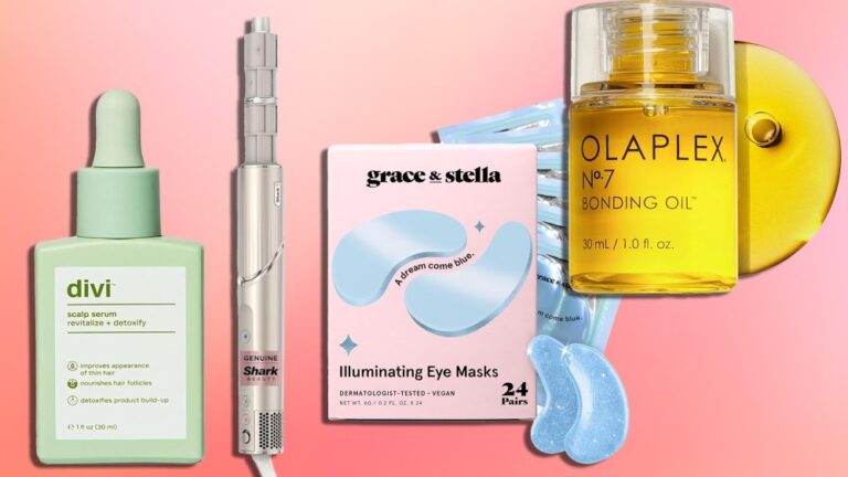 Lowest Prices Ever, Top Brands an assortment of on-sale beauty products from amazon, like hair dryers and eye masks, over a gradient pink background