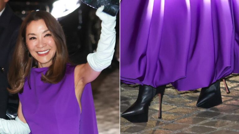 Michelle Yeoh Keeps Her Platform Streak Going in Amina Muaddi Boots Michelle Yeoh wears Amina Muaddi black leather Yigit platform boots with a bespoke Balenciaga dress at the Paris premiere of "Wicked: For Good" on Friday night.