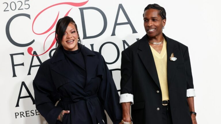 Rihanna, left, wears Alaïa, Fred Leighton, and Dyne alongside A$AP Rocky wearing Briony Raymond at the 2025 CFDA Fashion Awards on Nov. 3, 2025 in New York City.