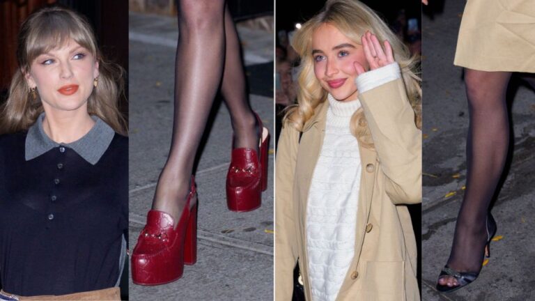 Taylor Swift & Sabrina Carpenter Step Out in Two Sold-Out Heel Styles Taylor Swift in burgundy Gucci horsebit loafer-style platform pumps and Sabrina Carpenter in peep-toe Pedro Garcia heels in New York City on Friday night.