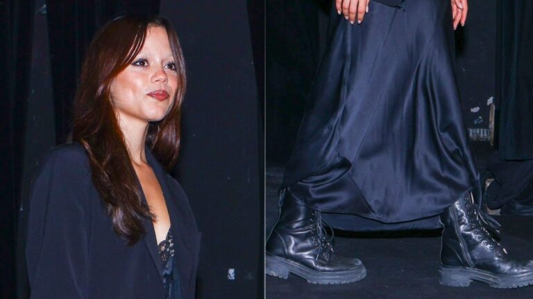 Jenna Ortega channels '90s dark glamour with a lace slip dress and black leather combat boots during the second day of the Marrakech Film Festival on Saturday.