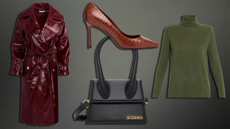 assortment of luxury products on sale for cyber monday, including a glossy leather coat and a structured black handbag, over a gradient black background